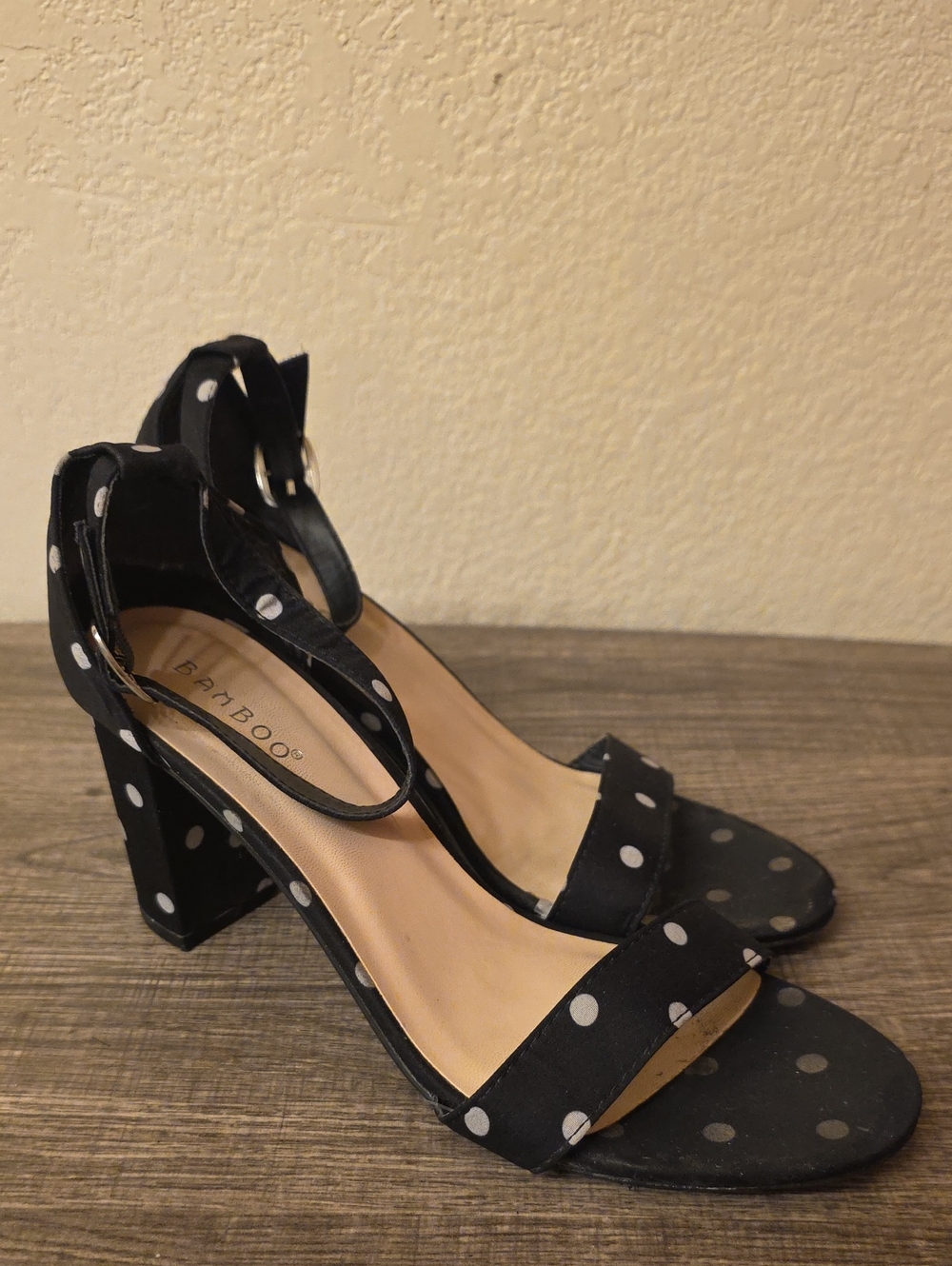 BAMBOO Black & White Polka Dot Ankle-Strap Block Heels Size 8.5